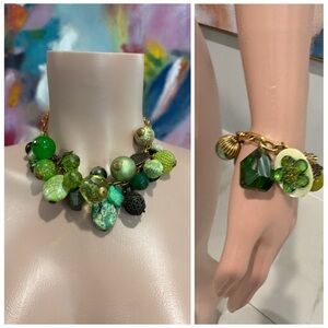 Elegant Green and Gold Charm Necklace & Bracelet Set